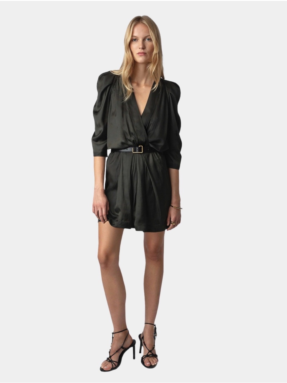Zadig & Voltaire Black Satin Puff-Sleeve Belted Mini Dress